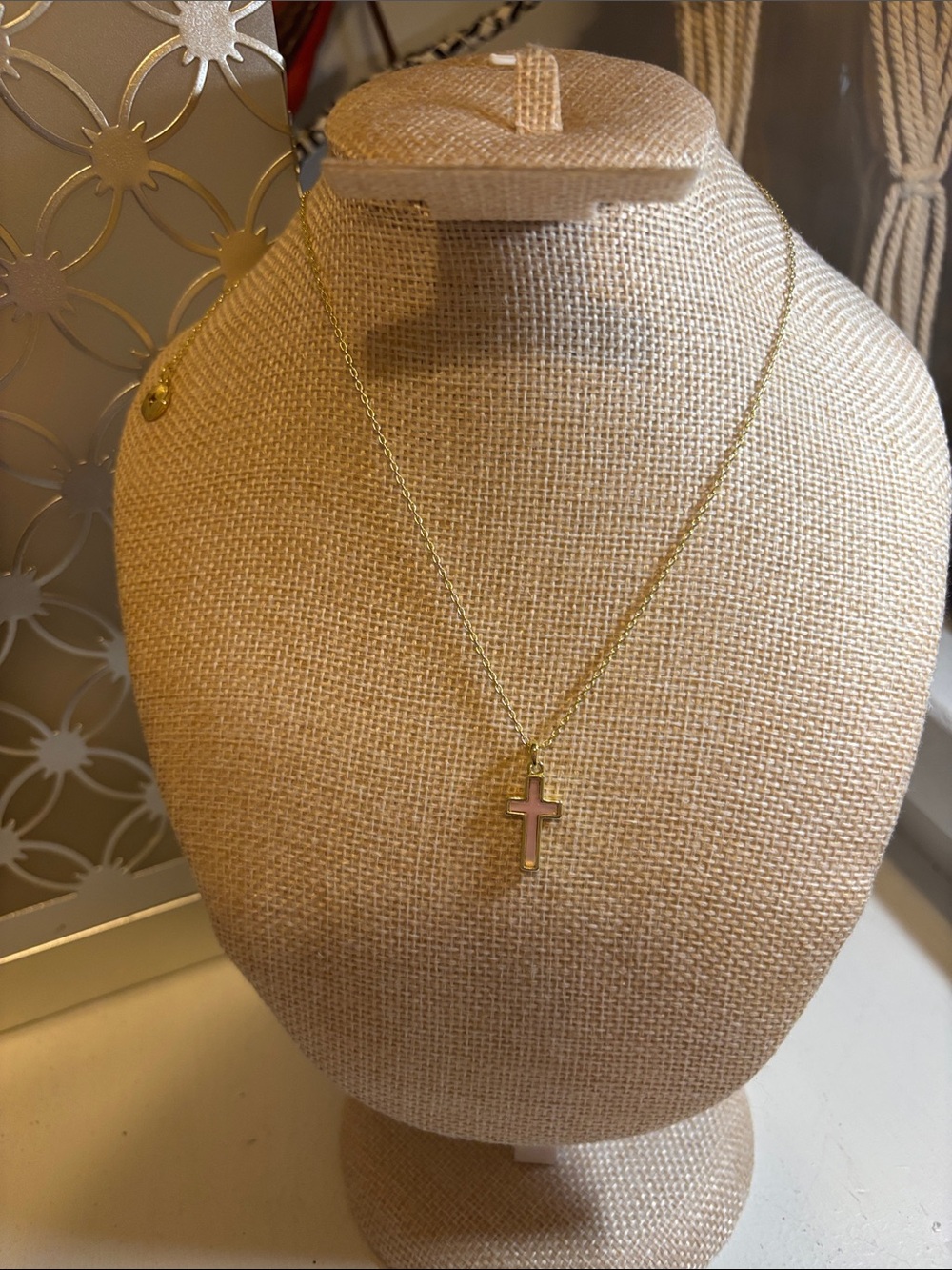 Gold Cross Pendant Necklace with Pink Enamel Accent